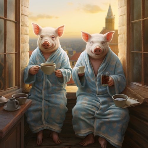 阳台上，两只小猪，穿着睡衣坐着在喝茶，