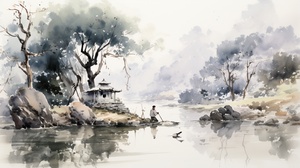 Serene Scene: An Unknown Artist's Ink Wash Painting