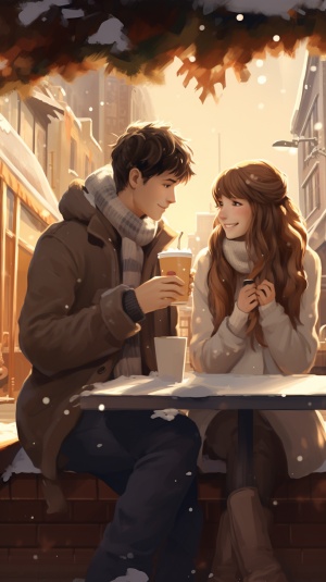 情侣装，动漫，雪天，奶茶，大街，开心