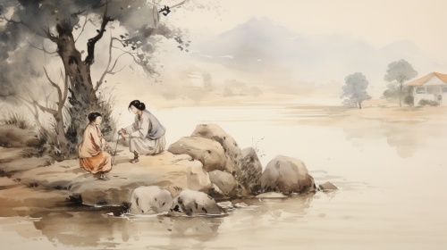 一个中国女人蹲着洗衣服，站立一个中国老人， 河岸 树林 水墨画 古风 背对屏幕