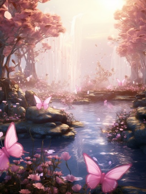 在一个浪漫的仙境中，空气中闪烁着粉色的晨雾，几个闪着金光的蝴蝶仙子正在那里翩翩起舞