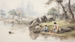 A Chinese woman squatting by the river washing clothes, in the distance an elderly Chinese man, wood ink painting ancient style with his back to the screen