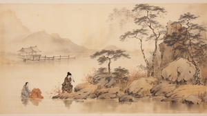 A Chinese young woman squatting by the river washing clothes, in the distance an elderly Chinese man, wood ink painting ancient style with his back to the screen