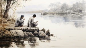 A Chinese young woman squatting by the river washing clothes, in the distance an elderly Chinese man, wood ink painting ancient style with his back to the screen