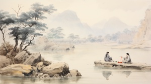 A Chinese young woman squatting by the river washing clothes, in the distance an elderly Chinese man, wood ink painting ancient style with his back to the screen