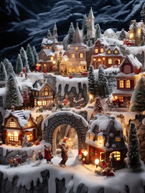 微型圣诞村与灯和装饰品的UHD图像风格