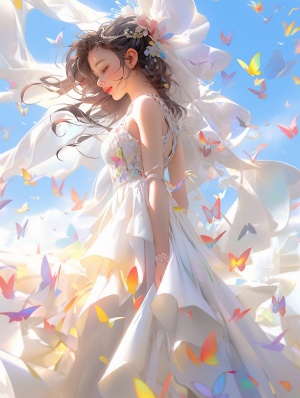 Captivating Colorful Girl in a Beautiful White Dress and Butterflies