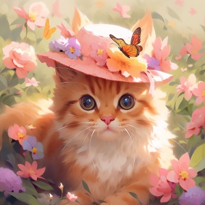 橙猫帽子周围粉色花爪子上的蝴蝶