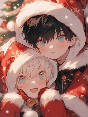 Animation style, winter, there are two boys in Christmas, a white short hair red eyes, the other black short hair blue eyes, wearing Christmas costumes, very cute.