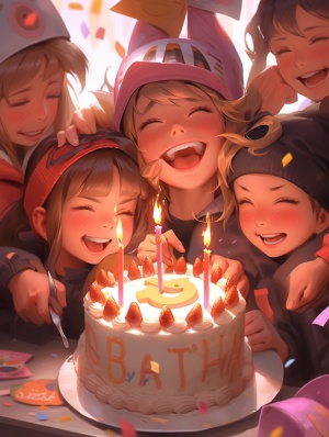 生日派对，五个女孩，头被摁进蛋糕里，滑稽