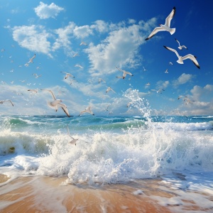 大海，浪花，楼盘，飞翔的海鸟，明亮，蓝色天空，白云。
