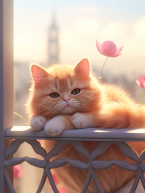 一只猫躺在栏杆上，里面有一颗心，在cinema4d中渲染的风格，小飞月，柔软，梦幻的场景，卡通的角色设计，情感的手势，曲线的简单，victor nizovtsev