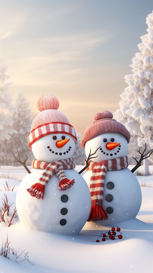 a couple of snowmen standing next to each other, cute! c4d, snow landscape background, cute 3 d render, snowy, snow fall, winter season, winter snow, snow scene, cgsociety 9, winter in the snow, winter time, cute hats, cold pure color background, christmas, cgi animation, 3 winter deities, snowy background