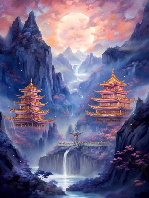 the moon at the moonlight, galaxy，chinese moon, valley ghd, full moon wallpaper, moon palace wallpaper, pink,in the style of light gold and gold, [tanya shatseva], buddhist art and architecture, [noah bradley], neo-traditional japanese, himalayan art, calm and meditative