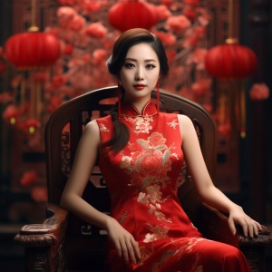 中国风，女性，红色旗袍，传统建筑，高清，古典，优雅，柔和，丝绸，红色喜庆的背景，中国年的氛围