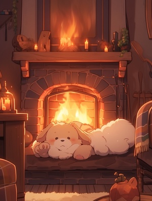 可爱和古怪的小熊在舒适房间里的壁炉前休息