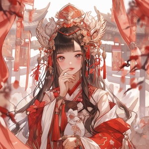 an asian girl in traditional clothing and chinese language, in the style of nightcore, light red and light brown, romantic depictions of historical events, dark white and white, romantic charm, mystical interpretations, romantic academia