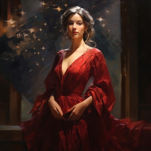 一个女人穿着优雅的红色连衣裙摆姿势，受到日本主义影响的作品，汉斯·克里斯蒂安·安徒生，中世纪风格，星星艺术团体 (xing xing)，深色栗色和浅色栗色，奥谢基，怀旧魅力