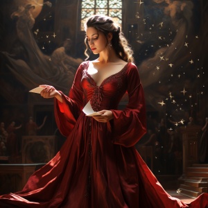 奥谢基-怀旧魅力，红色连衣裙与中世纪风格的日本主义作品