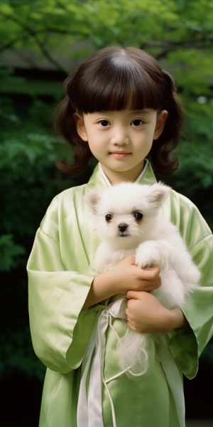 可爱五岁小女孩抱着白色小狗在绿草地上