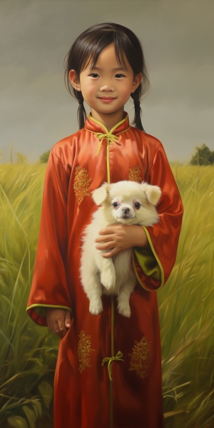 可爱五岁小女孩抱着白色小狗在绿草地上