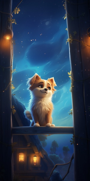 卡通狗猫在糖果房子门口欣赏满天星星