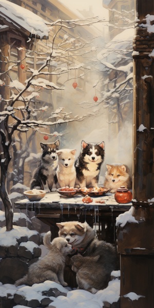 几只小狗 一起吃火锅 在古风院子里 有梅花树 下着雪 唯美