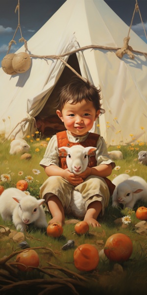 可爱小宝宝和可爱小羊羔在唯美插画中欢乐玩耍