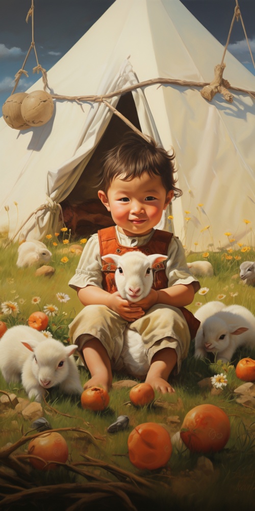 一个可爱小宝宝 穿着唐装 在大草原上 和几只可爱小羊羔一起玩 旁边是帐篷 插画 唯美