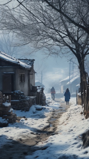 农村大街上，白雪皑皑，一个孤零零的女子走在大雪中