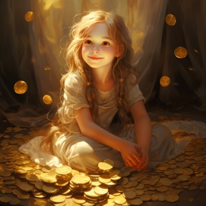 一个可爱的小女孩坐在金币上，周围都是金币和元宝，小女孩开心的笑着，手捧着一把金币，