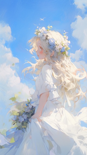 莫奈的花园，少女，凌乱飘逸的头发，身穿白色请纱裙，头戴花环，蓝天白云，插画
