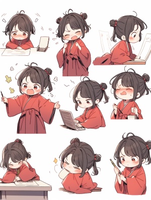 A little girl in a red robe reads, traditional clothes, animated character design, Chinese painting, light gray, cute, modest charm, emoticon package, 9 emoticons, emoticonSymbol table, multiple postures and expressions, anthropomorphic style, black strokes, different emotions, multiple poss and expressions, 8k niji5