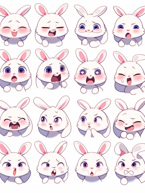 Cute Rabbit Expressions in Pixar-style Sticker Art