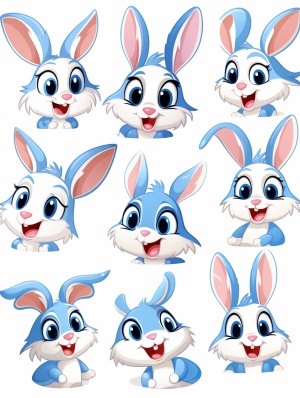 Cute rabbit,Face close-up,Emoticon close-up, Upper or whole bodVarious expressions and movements, exaggerated movements, happiness, anger, fear, surprise, and other emotionsWhite background, cute style, illustration, Pixar style, light white and blue, sticker art designNine Palace Grid Layout