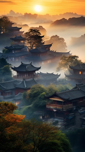 mist covered houses and trees on a city's background, in the style of gongbi, eye catching, combining natural and man made elements, associated press photo, ferrania p30, traditional craftsmanship, golden light