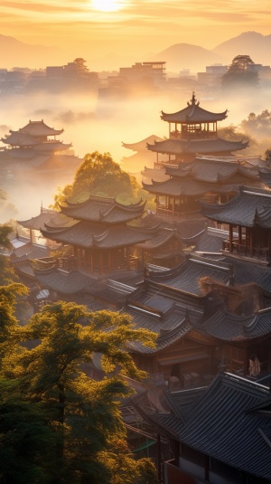 mist covered houses and trees on a city's background, in the style of gongbi, eye catching, combining natural and man made elements, associated press photo, ferrania p30, traditional craftsmanship, golden light