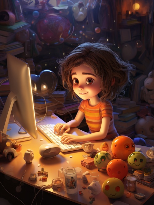 一个扎着丸子头的小女孩趴在电脑前工作