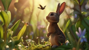 一只小兔子仰望着天空，一只小鸟飞过来，超高清