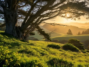 山丘，绿草如茵，一颗红杉树，太阳从地平线升起