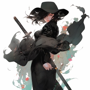 短发女子手持长剑，神秘而帅气的黑面具