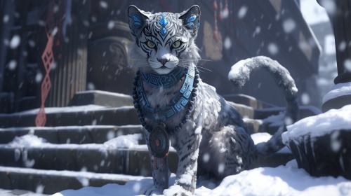 3D，CG，皮克斯风格，一只可爱的雪猫穿着幻想的蓝灰色飘带，头上有蓝色的装饰物，丹凤眼，像豹子一样奔跑，雪地里，古罗马神庙内，非拟人化，戏剧性的灯光，8k，肖像，在Otomo Katsuhiro的风格，在一个现实的超细节渲染风格，发光，，zbrush，超现实的油，，夸张的视角，Tyndall效果，，背景，现实