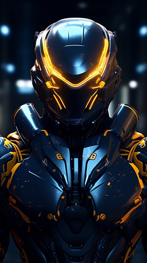 a close-up portrait of dark blue robot police with dark yellow lights, realistic and hyper-detailed renderings, symmetrical layout,32k uhd, black background, futuristic design, scoutcore, jagged edges