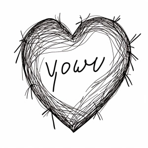 一颗心的黑白照片的特写，手绘SVG，表现力线条，文字签名，粗矢量线条艺术