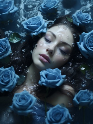 碧波荡漾中漂浮的蓝色玫瑰