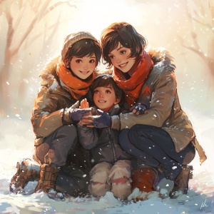 短发的妈妈蹲在地上，左边抱着帅气的大儿子，右边抱着可爱的小女儿，三人穿着冬装亲子装，喜气洋洋，三人开心的笑着，背景是暖阳，明亮。儿子女儿手里做着爱心的手势。
