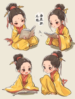 Cute Little Girl in Yellow Robe with 9 Emoticons