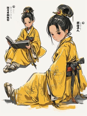 A little girl in a yellow robe reads, traditional clothes, animated character design, Chinese painting, light gray, cute, modest charm, emoticon package, 9 emoticons, emoticon Symbol table, multiple postures and expressions, anthropomorphic style, black strokes, different emotions, multiple poss and expressions, 8k style cute niji 5