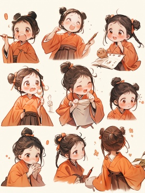 A little girl in a orange robe reads, traditional clothes, animated character design, Chinese painting, light gray, cute, modest charm, emoticon package, 9 emoticons, emoticon Symbol table, multiple postures and expressions, anthropomorphic style, black strokes, different emotions, multiple poss and expressions, 8k style cute niji 5