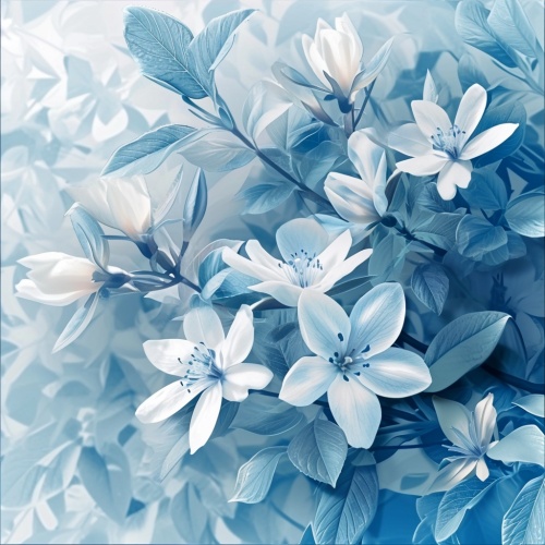 立体的茉莉花，白色或蓝色科技感未来感的透明质感浅色的背景，产品展示